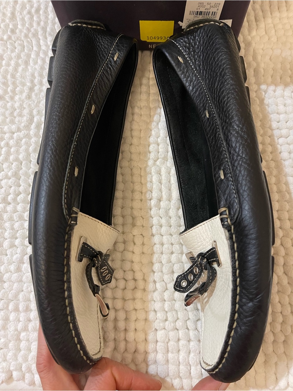 Prada Black and White Leather Bow-Accent Loafers - Picture 3 of 7